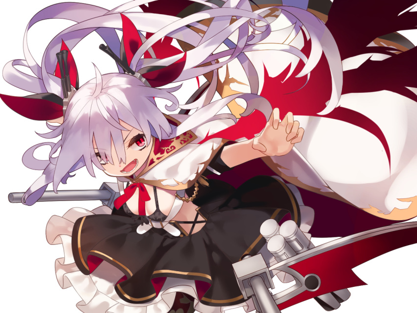:d ahoge azur_lane bangs bikini_top black_bikini_top black_dress breasts commentary_request dress eyebrows_visible_through_hair fangs front-tie_bikini front-tie_top hair_between_eyes hair_ornament hair_ribbon leaning_forward long_hair open_mouth outstretched_arm red_eyes red_ribbon red_wings ribbon shishamo_(maraosan3) short_sleeves silver_hair simple_background small_breasts smile solo twintails v-shaped_eyebrows vampire_(azur_lane) very_long_hair white_background wings