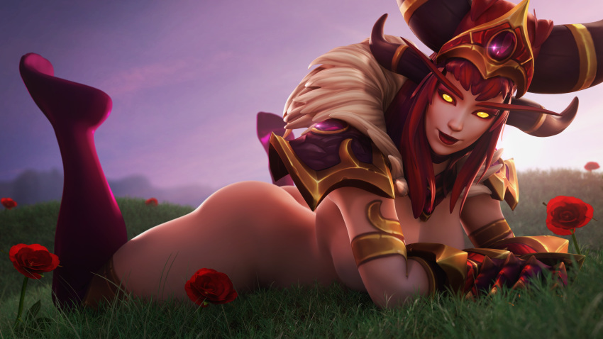 3d_(artwork) alexstrasza animal_humanoid armor breasts clothed clothing colonelyobo digital_media_(artwork) dragon_humanoid female glowing glowing_eyes hair horn humanoid long_eyebrows looking_at_viewer lying solo video_games warcraft