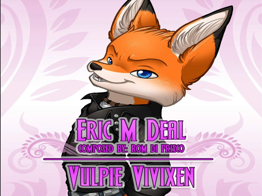 album_cover anthro artist belt black_fur black_jacket black_nose blue_eyes canine choker cover cropped eric_m_deal fox fur hand_in_pocket inner_ear_fluff mammal orange_fur polar_and_vulpie_saga rom_di_prisco smile text trezhurisland vulpie_vivixen white_fur white_shirt