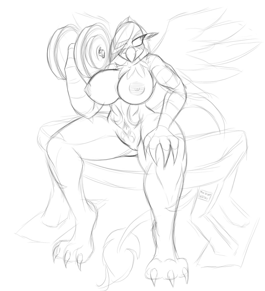 2015 anthro avian beak breasts dumbbell fan_character feathered_wings feathers female galena_(lil_mizz_jay) gryphon hi_res jrvanesbroek my_little_pony nipples nude pussy sketch solo weights wings