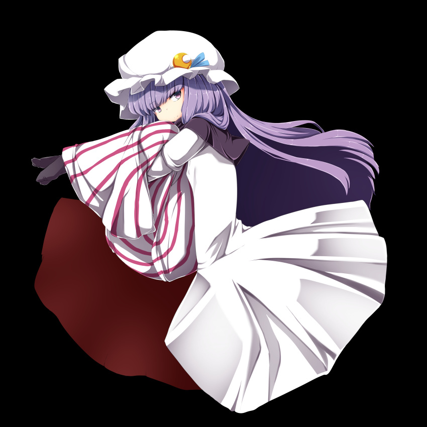 absurdres bangs black_background black_legwear blue_ribbon blunt_bangs capelet crescent crescent_moon_pin dress eyebrows_visible_through_hair fetal_position full_body haruto_(hirokazu1001) hat hat_ribbon highres knees_up light_smile long_hair looking_at_viewer no_shoes patchouli_knowledge plantar_flexion purple_eyes purple_hair ribbon robe simple_background solo striped striped_dress touhou very_long_hair white_hat