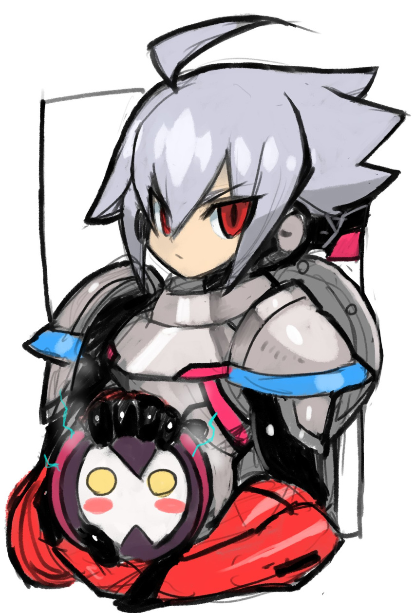 1boy acura_(gunvolt) ahoge armor azure_striker_gunvolt bangs dakusuta gloves grey_hair hair_between_eyes highres holding male_focus red_eyes red_gloves shoulder_pads silver_hair simple_background solo white_background