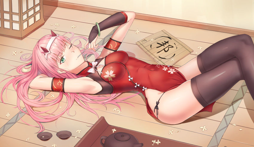 chinese_clothes chinese_dress darcy darling_in_the_franxx green_eyes long_hair pink_hair thighhighs zero_two