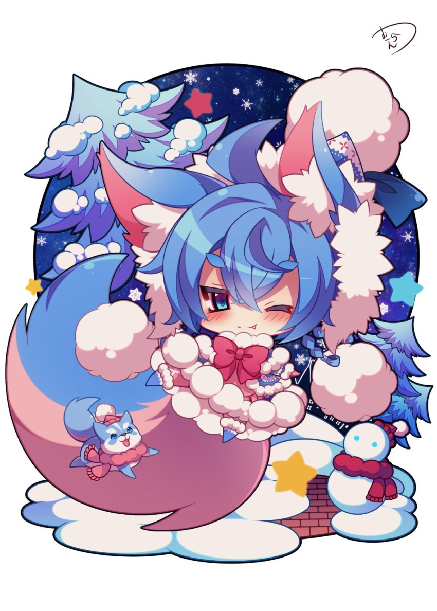 ;) animal animal_ear_fluff animal_ears bangs beanie blue_capelet blue_coat blue_eyes blue_hair blue_hat blush bow braid capelet closed_mouth coat commentary_request cub eyebrows_visible_through_hair fang fang_out fringe_trim fur-trimmed_capelet fur-trimmed_coat fur-trimmed_hat fur_trim hair_between_eyes hat highres koyomi_(shironeko_project) long_hair looking_at_viewer low_twintails muuran night night_sky one_eye_closed pine_tree pink_hat pink_scarf pom_pom_(clothes) red_bow red_hat red_scarf scarf shironeko_project signature sky smile snow snowflakes snowman solo star star_(sky) starry_sky tail tarou_(shironeko_project) thick_eyebrows tree twin_braids twintails wolf wolf_ears wolf_girl wolf_tail