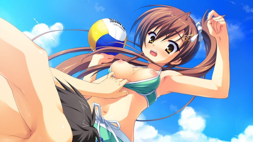 bikini blush breasts brown_hair game_cg kobuichi muririn nipples swimsuit tenshinranman yamabuki_aoi yuzusoft