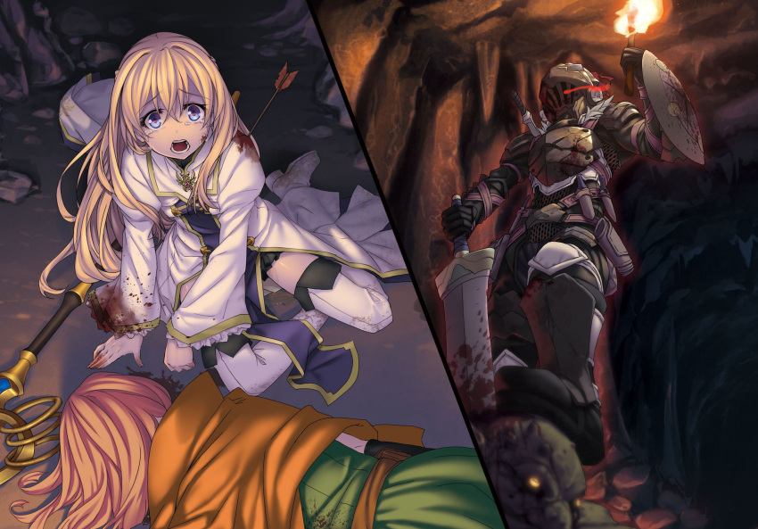 2girls arm_up armor arrow_in_body black_gloves black_skirt blonde_hair blood bloody_clothes blue_eyes boots breastplate crying crying_with_eyes_open eyebrows_visible_through_hair gloves glowing glowing_eye goblin goblin_slayer goblin_slayer! hair_between_eyes helmet highres holding holding_sword holding_weapon injury kannatsuki_noboru long_hair lossy-lossless lying miniskirt multiple_girls novel_illustration official_art on_stomach open_mouth orange_hair pee priestess_(goblin_slayer!) red_eyes skirt staff sword tears thigh_boots thighhighs weapon white_footwear wizard_(goblin_slayer!)