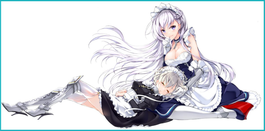 apron azur_lane bangs belfast_(azur_lane) black_dress blonde_hair blue_eyes blush boots border braid breasts chain cleavage closed_eyes collar collarbone commentary_request cross dress eyebrows_visible_through_hair finger_to_mouth floating_hair french_braid frilled_gloves frills garter_straps gauntlets gloves hair_between_eyes hair_over_one_eye hands_together high_heel_boots high_heels juna knee_boots kneehighs knees_up lap_pillow large_breasts long_hair long_sleeves looking_at_viewer lying maid maid_headdress medium_breasts multiple_girls rudder_shoes sheffield_(azur_lane) short_hair shushing sidelocks silver_hair simple_background sitting sleeping smile thighhighs thighs wariza white_apron white_background white_gloves white_legwear