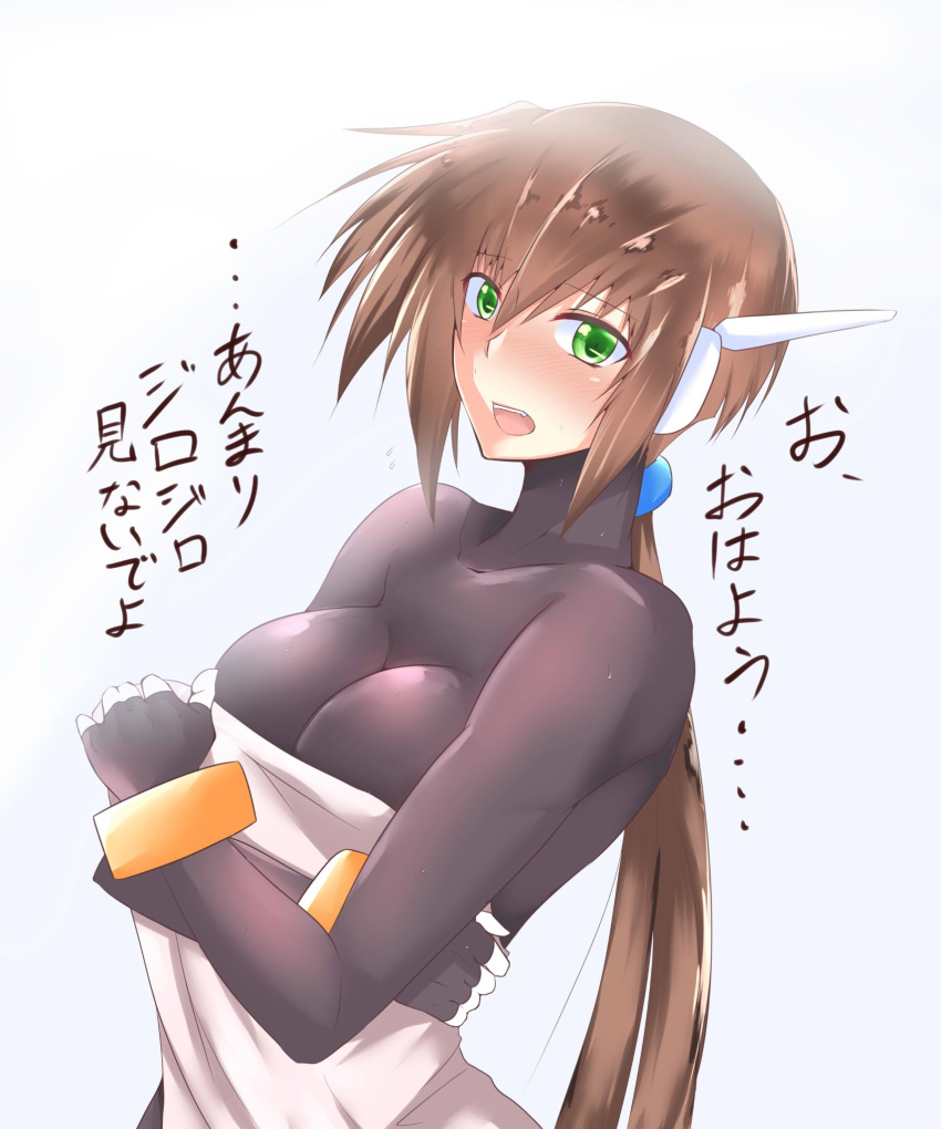 aile bangs blush bodystocking bracelet breasts brown_hair embarrassed female green_eyes hair_between_eyes highres jewelry long_hair open_mouth ponytail robot_ears rockman rockman_zx rockman_zx_advent simple_background solo text_focus tgxx3300 white_background