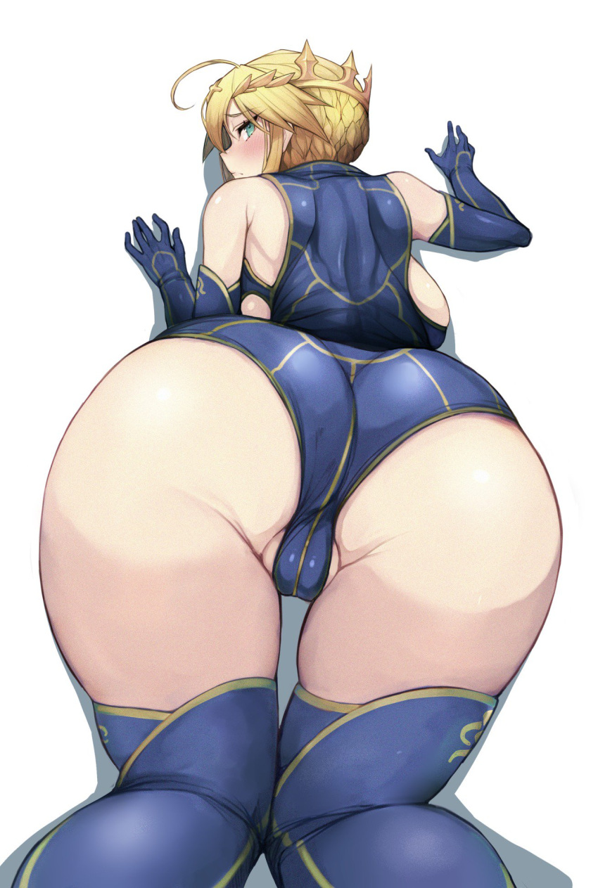 ahoge artoria_pendragon_(all) artoria_pendragon_(lancer) ass bent_over blonde_hair blue_legwear braid breasts commentary_request crown dress elbow_gloves fate/grand_order fate_(series) french_braid from_behind gloves green_eyes hands_on_wall highres kamaboko_(ossann0125) large_breasts sideboob sleeveless sleeveless_dress solo thighhighs thighs