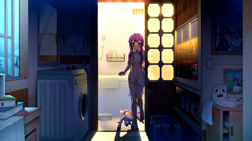 absurdres alicorn animal azur_lane bad_id bad_pixiv_id bangs barefoot bath blue_hair blush book bookmark bra bra_removed breasts colored_eyelashes commentary dalian_(1457091741) dress dress_removed eyebrows_visible_through_hair gradient_hair hair_censor hair_over_breasts highres indoors laundry_basket long_hair looking_at_viewer map medium_breasts mirror multicolored_hair navel nipples nose_blush panties panty_pull parted_lips photo_(object) picture_frame purple_dress purple_eyes purple_hair pussy reflection shampoo_bottle shower_head solo standing standing_on_one_leg topless underwear underwear_only unicorn_(azur_lane) very_long_hair washing_machine white_bra white_panties window