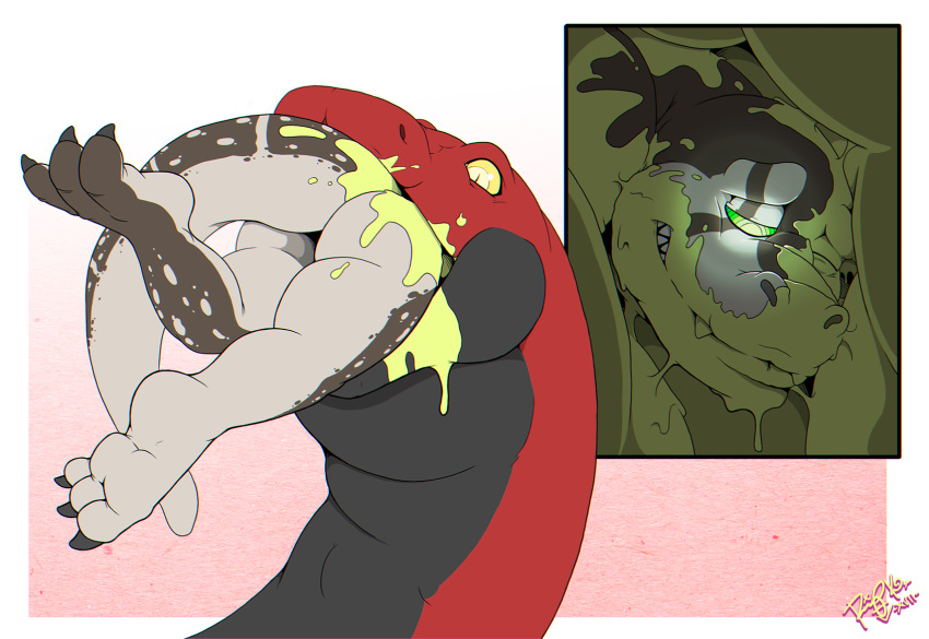 ambiguous_gender duo goo goo_creature hypnosis mind_control oral_vore paws reptile rip_k scalie simple_background smile snake swallowing vore yellow_eyes
