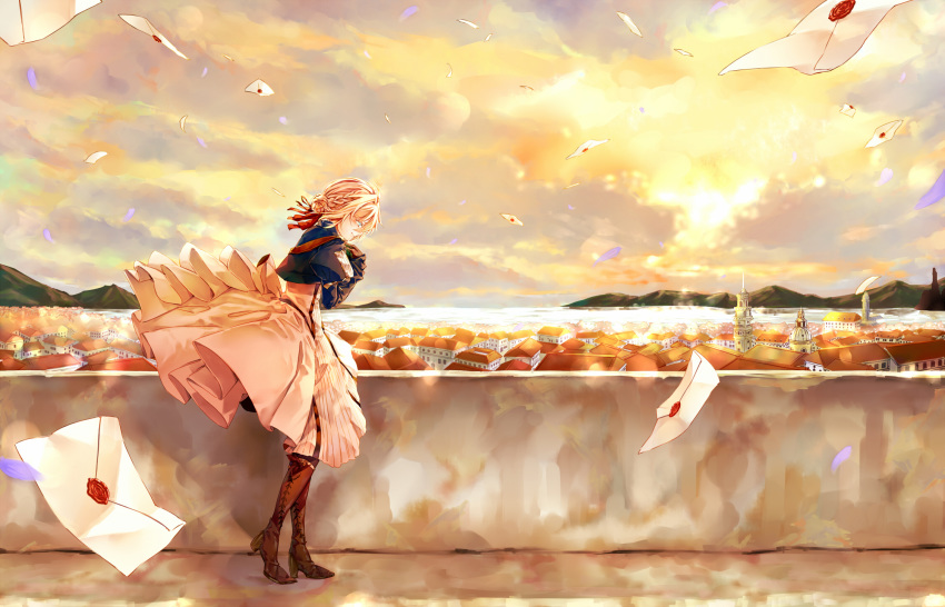 bangs blonde_hair blue_eyes blue_jacket boots braid braided_bun brooch brown_footwear building cloud commentary_request dress dusk envelope from_side gloves hair_between_eyes hair_intakes hair_ribbon hand_on_own_chest highres jacket jewelry ledge letter long_sleeves love_letter mountainous_horizon ocean outdoors red_ribbon ribbon rooftop saijou_haruki skirt skirt_lift sky skyline solo standing violet_evergarden violet_evergarden_(character) wind wind_lift