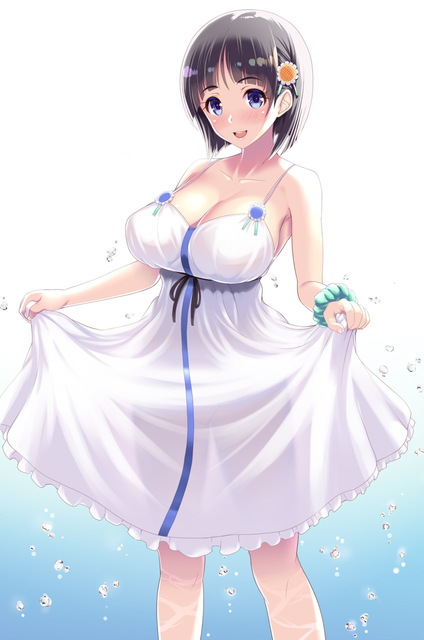 aqua_scrunchie bangs bare_arms bare_shoulders black_hair blue_eyes blunt_bangs breasts cleavage collarbone dress eyebrows_visible_through_hair feet_out_of_frame flower gradient gradient_background hair_flower hair_ornament highres kawase_seiki kirigaya_suguha large_breasts legs_apart looking_at_viewer scrunchie see-through see-through_silhouette shiny shiny_hair short_hair skirt_hold sleeveless sleeveless_dress solo spaghetti_strap standing sundress sword_art_online tareme water_drop white_background white_dress wrist_scrunchie