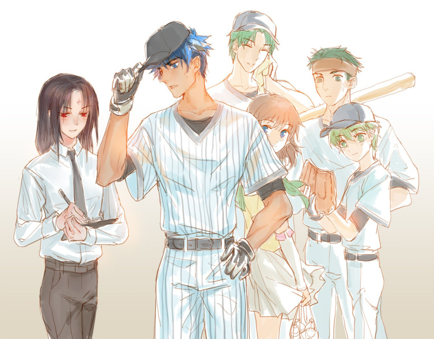 baseball_cap baseball_uniform blue_eyes blue_hair blush boyd_(fire_emblem) brown_hair fire_emblem fire_emblem:_souen_no_kiseki gloves green_eyes green_hair hair_tubes hat ike long_hair mist_(fire_emblem) novice_(o_novice) open_mouth oscar rolf scarf short_hair simple_background smile soren sportswear