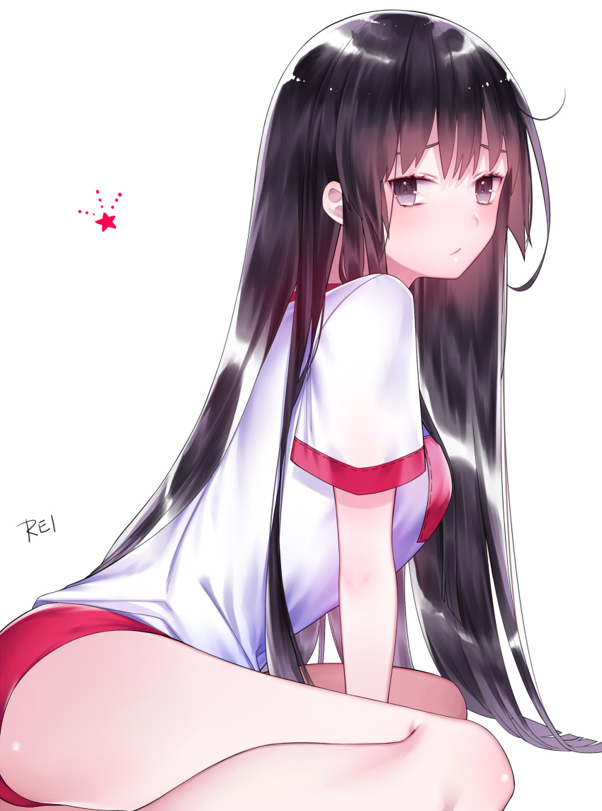 arched_back artist_name bad_id bad_pixiv_id bangs between_legs black_hair blush buruma closed_mouth commentary_request from_side grey_eyes gym_uniform hand_between_legs highres ichinosenen long_hair looking_at_viewer original short_sleeves sidelocks signature simple_background solo thighs tsurime very_long_hair white_background