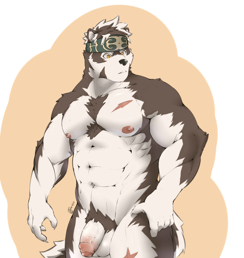 abs anthro balls canine essentialryu flaccid headband horkeukamui humanoid_penis male mammal muscular muscular_male nude pecs penis pubes scar solo standing tokyo_afterschool_summoners uncut vein