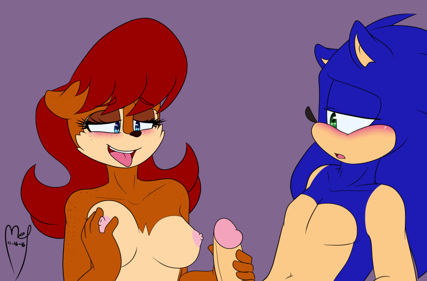 big_breasts breast_fondling breasts chipmunk doppleganger_(artist) female fondling freckles hand_on_breast hedgehog mammal masturbation penis rodent sally_acorn sonic_(series) sonic_the_hedgehog squirrel