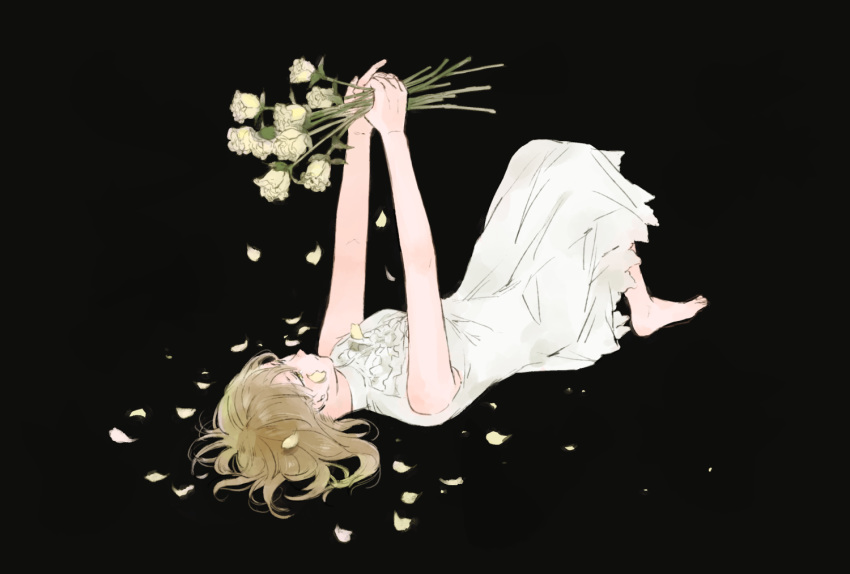 arms_up barefoot black_background brown_eyes brown_hair commentary_request dress expressionless flower full_body hands_together hinao_(flowerrabbit2348) looking_up lying on_floor original outstretched_arms petals rose short_hair simple_background sleeveless sleeveless_dress upside-down white_dress white_flower white_rose