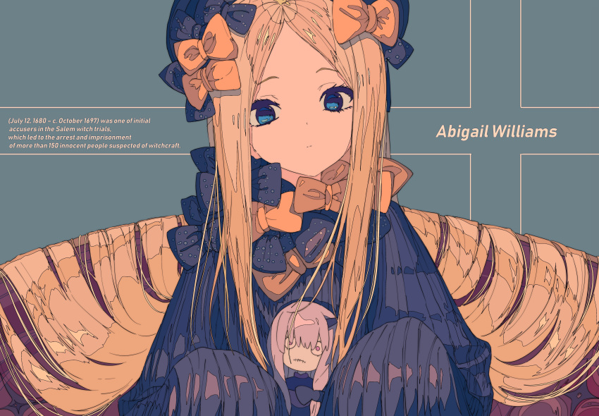 abigail_williams_(fate/grand_order) absurdres bangs black_bow black_dress black_hat blonde_hair blue_eyes bow character_doll character_name closed_mouth commentary doll dress english fate/grand_order fate_(series) forehead hair_bow hat head_tilt highres holding holding_doll kogecha_(coge_ch) lavinia_whateley_(fate/grand_order) long_hair long_sleeves looking_at_viewer orange_bow parted_bangs polka_dot polka_dot_bow sleeves_past_fingers sleeves_past_wrists solo very_long_hair