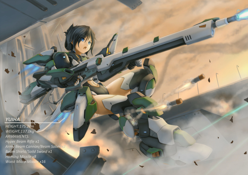armor armored_boots bigrbear black_hair black_legwear blue_eyes boots character_name day eyebrows_visible_through_hair eyes_visible_through_hair fire firing folded_ponytail gloves grey_legwear gun height highres holding holding_gun holding_weapon jet_engine jumping leotard machinery mecha_musume missile navel navel_cutout open_mouth orange_sky original outdoors rifle sky solo spelling thigh_boots thighhighs two-handed weapon weight