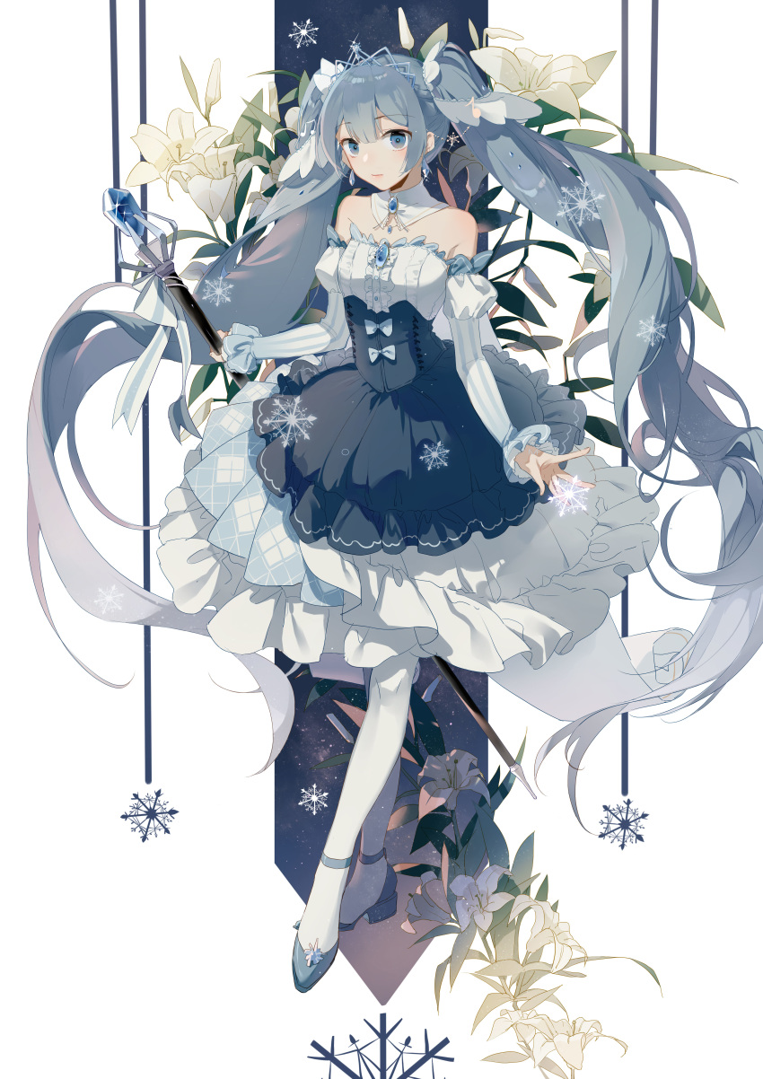 absurdres bangs closed_mouth commentary_request detached_sleeves dress earrings eyebrows_visible_through_hair flower full_body hatsune_miku highres jewelry long_hair looking_at_viewer pantyhose scepter snowflakes solo strapless strapless_dress tiara twintails very_long_hair vocaloid yuki_miku zhibuji_loom