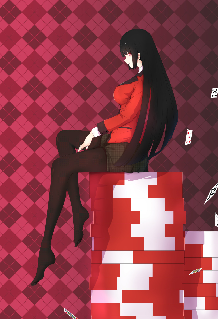 absurdres airdoor bangs black_hair black_legwear blunt_bangs breasts brown_skirt card from_side full_body grin highres jabami_yumeko jacket jewelry kakegurui large_breasts leg_up long_hair long_sleeves looking_at_viewer looking_to_the_side no_shoes oversized_object pantyhose parted_lips pink_eyes plaid plaid_background plaid_skirt playing_card poker_chip profile red_jacket ring shiny shiny_hair sidelocks sideways_glance sitting skirt smile solo straight_hair teeth thumb_ring very_long_hair