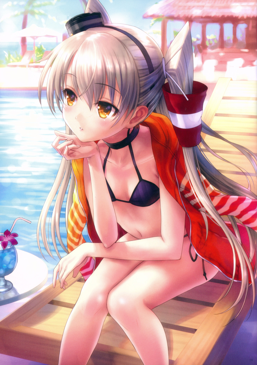 absurdres amatsukaze_(kantai_collection) bangs bikini black_bikini blush breasts brown_eyes chin_rest choker collarbone cropped cup drinking_glass drinking_straw eyebrows_visible_through_hair fingernails goto_p hair_ornament hairband hat highres huge_filesize jacket_on_shoulders kantai_collection leaning_forward long_hair mini_hat mini_top_hat navel non-web_source palm_tree parted_lips poolside scan side-tie_bikini silver_hair sitting small_breasts solo striped swimsuit tilted_headwear top_hat tree two_side_up very_long_hair water