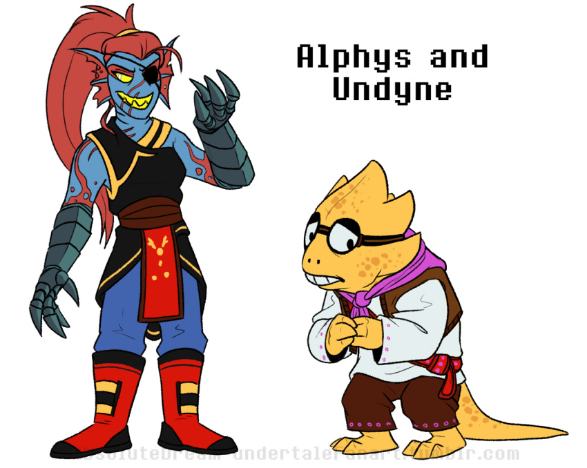 absolutedream alphys armor delta_rune english_text eye_patch eyewear fish glasses lizard marine reptile scalie scarf text undertale undyne video_games