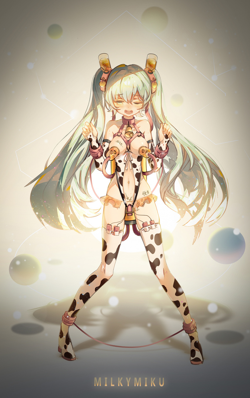 animal_print bdsm bell bell_collar body_writing bondage boots bound breasts character_name collar cow_girl cow_print elbow_gloves eyebrows_visible_through_hair fingerless_gloves full_body gloves green_eyes green_hair hatsune_miku highres kvpk5428 long_hair medium_breasts milk_mustache navel object_insertion one_eye_closed open_mouth sex_machine solo thigh_boots thighhighs twintails vaginal vaginal_object_insertion very_long_hair vibrator vibrator_in_thighhighs vocaloid