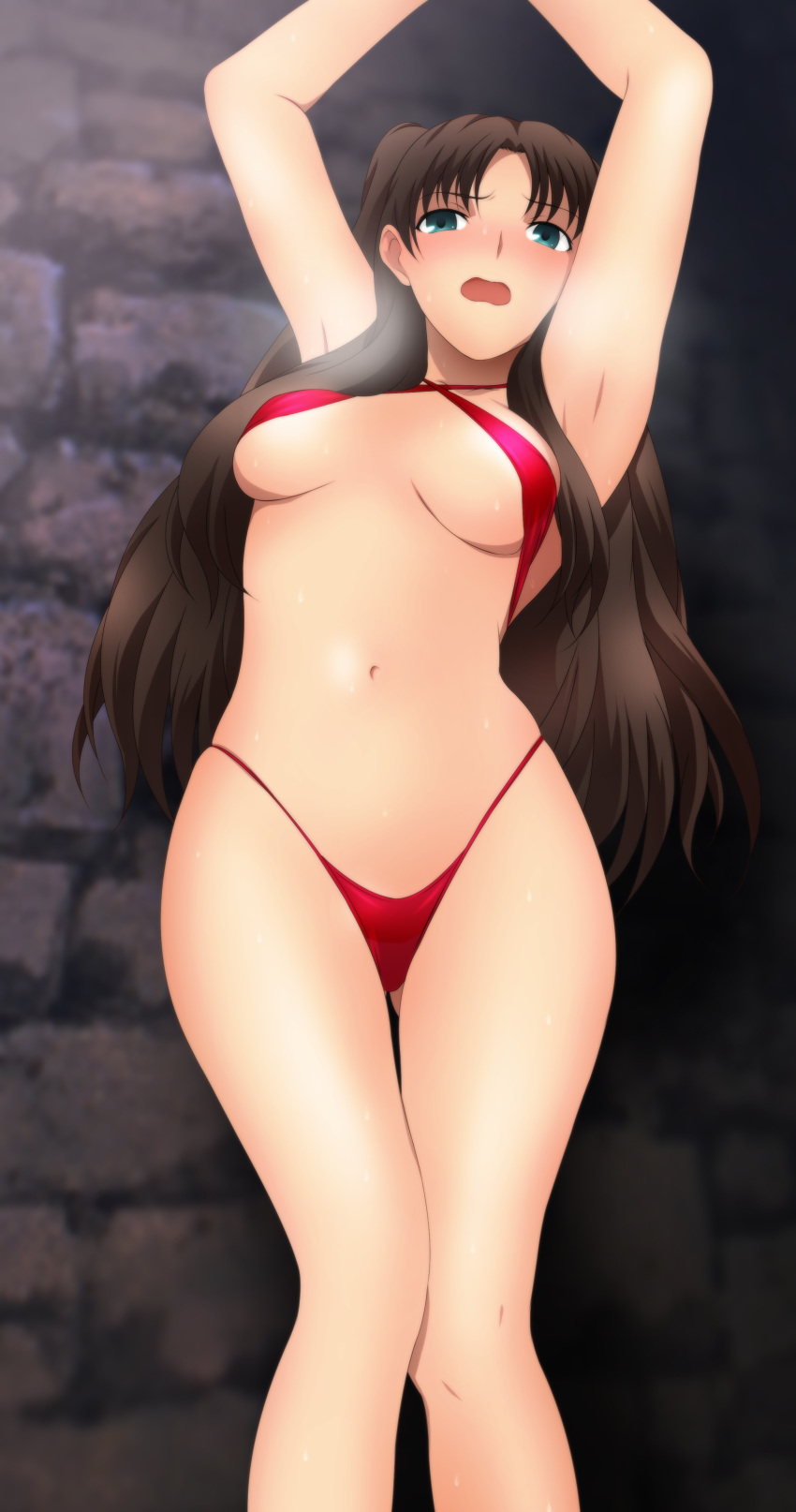 1girl against_wall armpits arms_up bare_arms bare_legs bare_shoulders bikini blush breasts brown_hair fate/stay_night fate_(series) green_eyes highres legs long_hair looking_at_viewer medium_breasts navel open_mouth red_bikini shiny shiny_skin solo standing thigh_gap thighs thong tohsaka_rin twintails wall yadokari_genpachirou