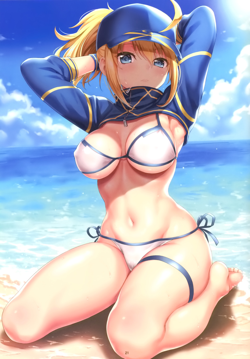 1girl absurdres ahoge armpits arms_behind_head artoria_pendragon_(all) bangs barefoot baseball_cap beach bikini blonde_hair blue_eyes blue_hat blue_sky blush breasts cloud cloudy_sky cropped_jacket day erect_nipples eyebrows_visible_through_hair fate/grand_order fate_(series) full_body groin hair_through_headwear hat highres kase_daiki long_hair looking_at_viewer medium_breasts mysterious_heroine_xx_(foreigner) navel ocean outdoors page_number ponytail sand scan shiny shiny_skin shore shrug_(clothing) side-tie_bikini sideboob sitting skindentation sky solo sunlight swimsuit thigh_strap thighs toes underboob water white_bikini zipper_pull_tab