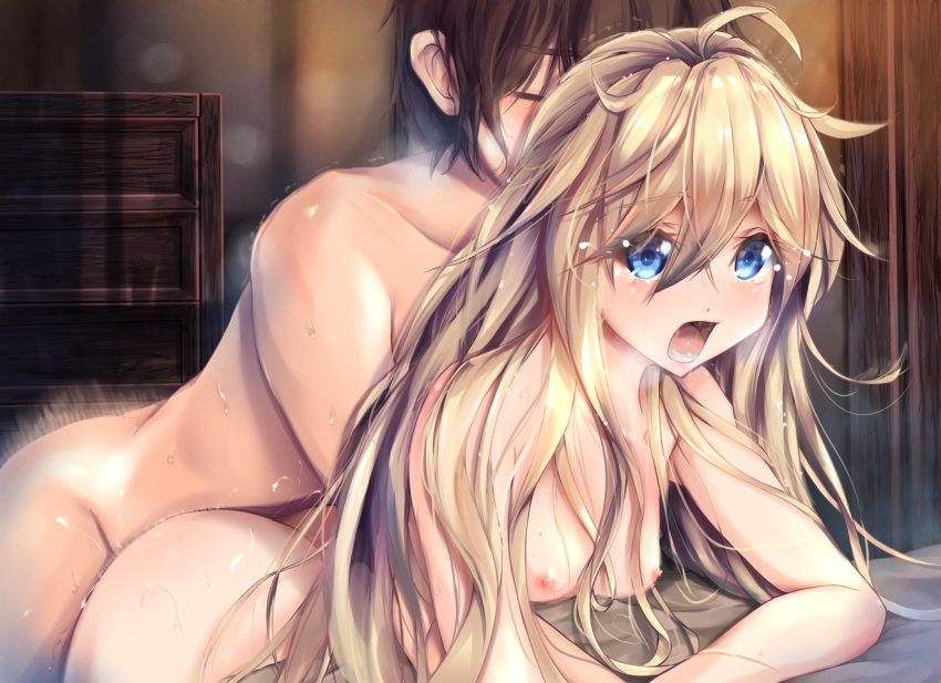 1boy 1girl ahoge ass bed blonde_hair blue_eyes blush breasts brown_hair doggystyle eyes_closed gc3 kneeling leaning_forward long_hair moaning motion_blur nipples nude open_mouth original sex short_hair small_breasts