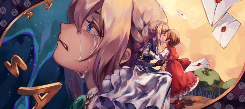 anne_magnolia bangs blonde_hair blue_eyes blue_jacket braid brooch brown_hair cheek_kiss commentary crying crying_with_eyes_open dress envelope from_side gloves hair_between_eyes hair_intakes hair_ribbon jacket jewelry kiss kuto_(kuroto) letter long_sleeves multiple_girls red_dress red_ribbon ribbon squatting tears typewriter violet_evergarden violet_evergarden_(character) white_neckwear