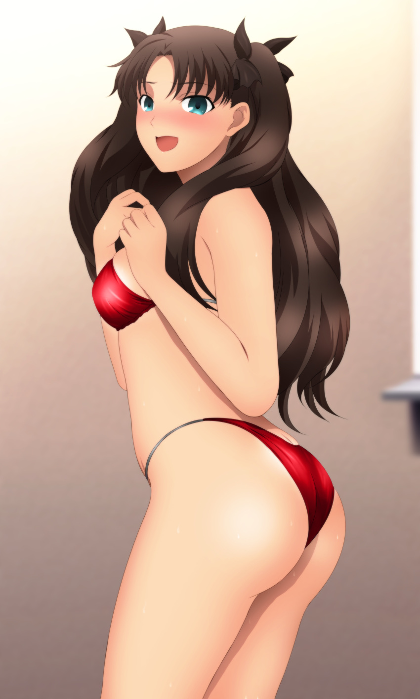 1girl ass bare_arms bare_legs bare_shoulders bikini black_ribbon blush breasts brown_hair cowboy_shot embarrassed fate/stay_night fate_(series) from_behind green_eyes hair_ribbon highres indoors legs long_hair looking_at_viewer open_mouth red_bikini ribbon shiny shiny_skin sideboob small_breasts solo standing thighs tohsaka_rin twintails yadokari_genpachirou