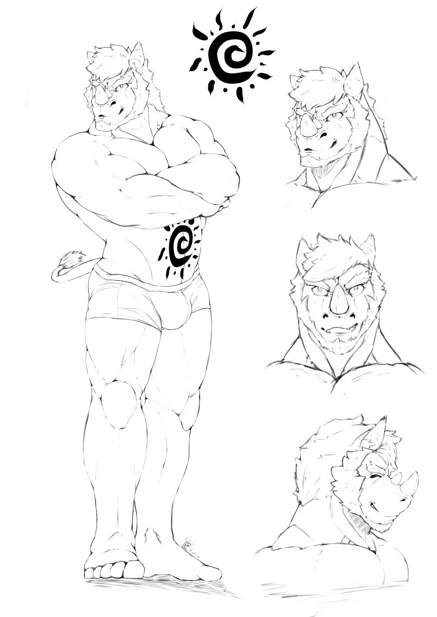 anthro beard bulge clothing crossed_arms essentialryu facial_hair greyscale horn male mammal monochrome muscular muscular_male rhinoceros sketch_page smile solo standing tattoo underwear