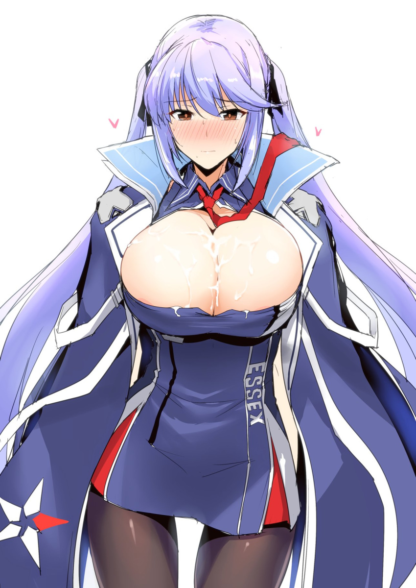 1girl areola_slip areolae azur_lane black_legwear black_ribbon blue_cloak blue_hair blush breasts brown_eyes bursting_breasts cleavage closed_mouth clothes_writing collared_dress cum cum_on_body cum_on_breasts cum_on_clothes cum_on_upper_body cumdrip dress essex_(azur_lane) eyebrows_visible_through_hair floating_hair hair_ribbon harukon_(halcon) heart highres large_breasts long_hair looking_at_viewer multicolored multicolored_clothes multicolored_dress necktie nose_blush pantyhose red_neckwear ribbon shiny shiny_skin short_dress sidelocks simple_background sketch solo standing sweat twintails white_background