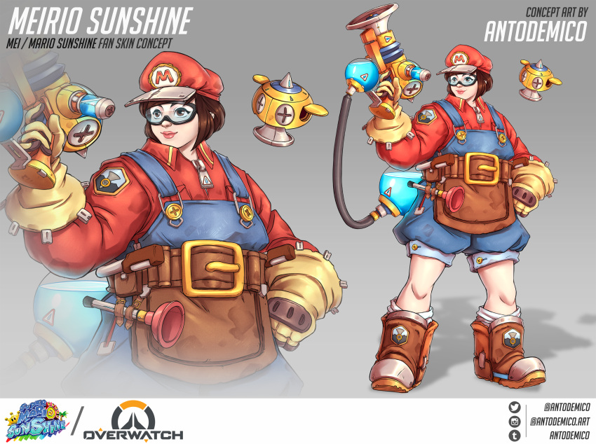 absurdres antonio_demico apron brown_eyes brown_gloves brown_hair commentary concept_art cosplay crossover english_commentary f.l.u.d.d. full_body gloves goggles gun handgun highres holding holding_weapon lips mario mario_(cosplay) mario_(series) mei_(overwatch) overalls overwatch pun short_hair snowball_(overwatch) solo super_mario_bros. super_mario_sunshine waist_apron weapon