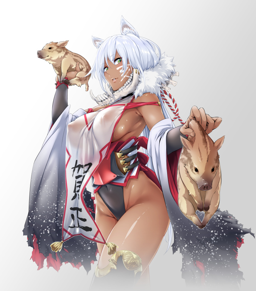 1girl 2019 absurdres animal_ears animal_hood bangs black_legwear boar bone breasts chinese_zodiac clothes_writing commentary_request covered_navel dark_skin detached_sleeves erect_nipples eyebrows_visible_through_hair facial_mark fur_trim green_eyes grey_background hair_between_eyes highres hood large_breasts lips long_hair looking_at_viewer obi original parted_lips sash simple_background skull solo standing un very_long_hair white_hair wide_sleeves wolf_ears year_of_the_pig