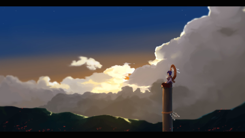 blue_hair blue_sky cloud commentary day from_side glint hsin indian_style letterboxed long_sleeves o-ring outdoors pillar short_hair sitting sky solo sunset touhou yasaka_kanako