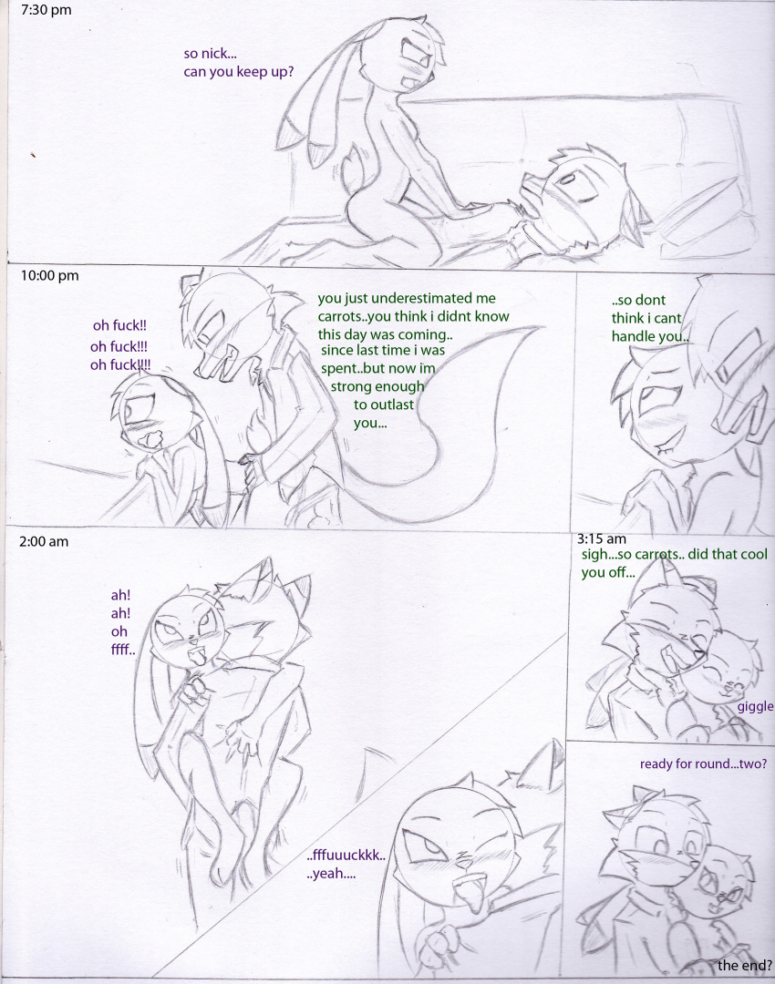 all_fours anthro biting_lip bottomless canine clothed clothing comic convenient_censorship cowgirl_position disney doggystyle female fox from_behind_position judy_hopps lagomorph male mammal nick_wilde nude on_top open_shirt pace2n9tmaker rabbit sex shirt simple_background tongue tongue_out zootopia