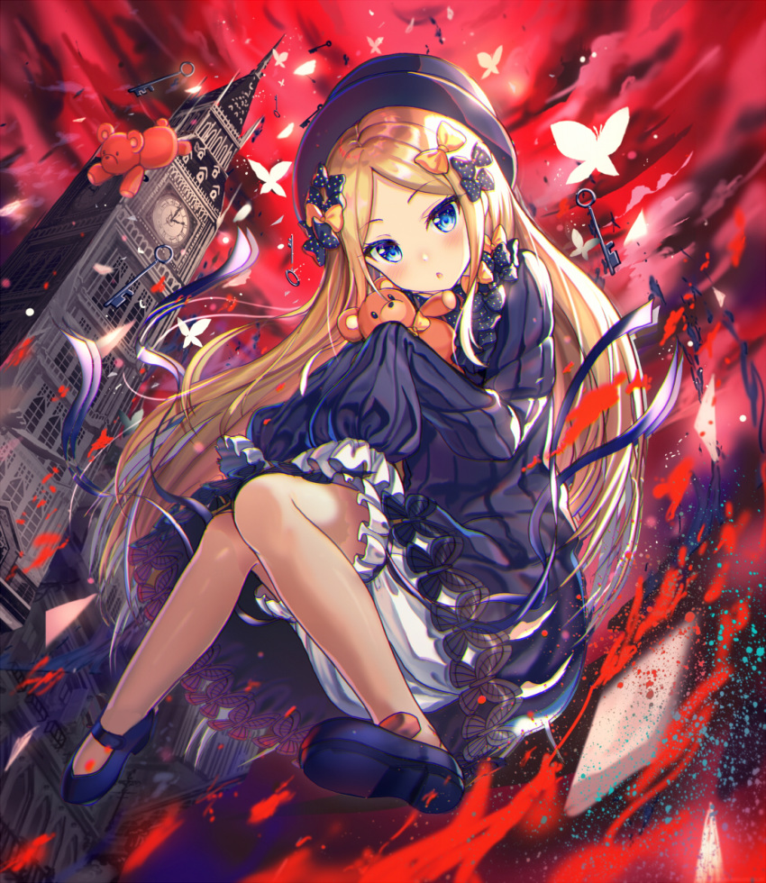 1girl :o abigail_williams_(fate/grand_order) akabane_(zebrasmise) bangs bare_legs black_bow black_dress black_footwear black_hat blonde_hair bloomers blue_eyes blush bow bug butterfly clock clock_tower commentary_request doll_hug dress fate/grand_order fate_(series) full_body hair_bow hat head_tilt highres insect knees_together_feet_apart knees_up light_particles long_hair long_sleeves looking_at_viewer mary_janes orange_bow parted_bangs parted_lips polka_dot polka_dot_bow red_sky shoes sidelocks sky sleeves_past_fingers sleeves_past_wrists solo stuffed_animal stuffed_toy teddy_bear top_hat tower underwear white_bloomers