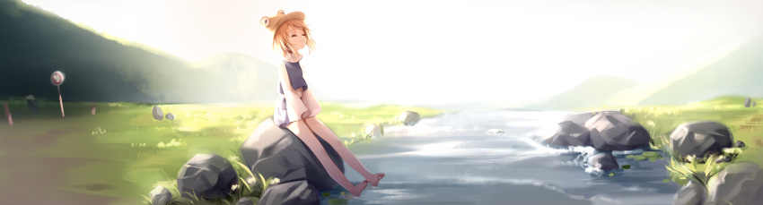 bare_legs barefoot blonde_hair brown_hat closed_eyes closed_mouth commentary_request day grass hat highres kyuri_tizu long_sleeves looking_up miniskirt moriya_suwako outdoors purple_skirt river road_sign rock scenery sign sitting skirt skirt_set sleeves_past_wrists solo touhou turtleneck vest water