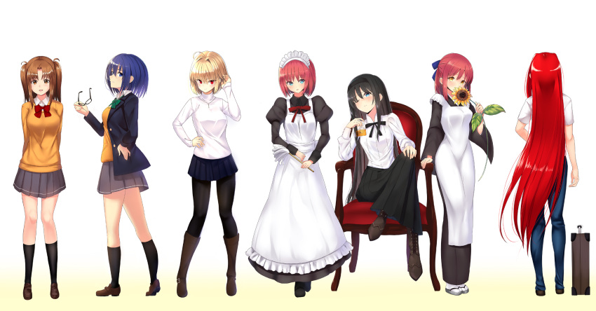 ahoge aozaki_aoko apron arcueid_brunestud arms_behind_back black_hair black_kimono black_legwear black_ribbon black_skirt blonde_hair blue_hair blue_pants blue_ribbon blue_skirt boots bow brown_footwear brown_hair ciel crossed_legs denim floating_hair flower full_body grey_skirt hair_ribbon hand_in_hair hand_on_hip hand_on_own_knee highres hisui holding holding_eyewear holding_flower i.f.s.f japanese_clothes kimono knee_boots kneehighs kohaku loafers long_hair long_skirt looking_at_viewer miniskirt multiple_girls neck_ribbon pants pantyhose red_bow red_hair red_neckwear red_ribbon ribbon school_uniform shirt shoes short_hair short_sleeves simple_background sitting skirt suitcase sunflower sweater toono_akiha tsukihime twintails uniform very_long_hair white_apron white_background white_legwear white_shirt yellow_sweater yumizuka_satsuki