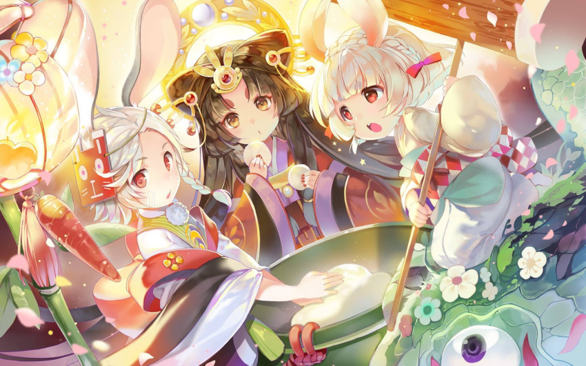 animal_ears bangs black_hair blue_flower blurry blurry_background blush braid brown_eyes bunny_ears carrot copyright_request depth_of_field eyeball eyebrows_visible_through_hair fingernails flower food hair_ornament highres holding holding_food japanese_clothes kimono kine long_hair long_sleeves looking_at_viewer mallet mochi mortar multiple_girls nail_polish obi open_mouth parted_lips petals purple_eyes red_eyes red_kimono red_nails sash short_eyebrows sibyl silver_hair thick_eyebrows upper_teeth very_long_hair white_flower white_kimono wide_sleeves yellow_flower