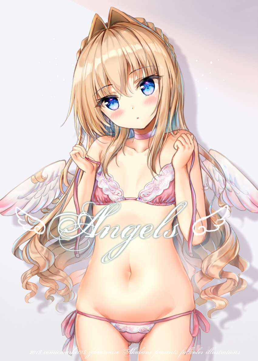 :o absurdres akabane_(zebrasmise) angel_wings armpit_crease ass_visible_through_thighs bangs bare_arms bare_shoulders blonde_hair blue_eyes blush bra braid breasts choker collarbone commentary_request cowboy_shot eyebrows_visible_through_hair gluteal_fold groin hair_intakes hands_up head_tilt highres lace lace-trimmed_bra legs_apart light_particles long_hair looking_at_viewer mononobe_alice navel nijisanji panties parted_lips pink_bra pink_choker pink_panties shadow side-tie_panties sidelocks small_breasts solo standing underwear untied_bra virtual_youtuber wavy_hair wings