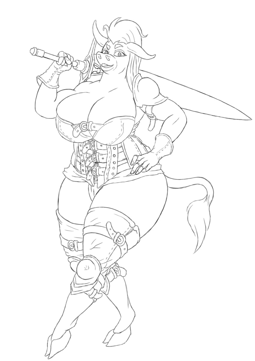 animated anthro armor athletic belt big_breasts black_and_white blarf bouncing_breasts bovine breasts cattle clothed clothing eyelashes great_sword leather_armour looking_at_viewer mammal melee_weapon monochrome nipples pose simple_background sword torn_clothing wardrobe_malfunction warrior weapon white_background