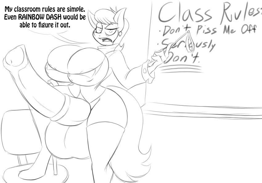 2015 anthro anthrofied balls big_balls big_breasts big_penis breasts chalkboard dialogue dickgirl earth_pony english_text equine erection friendship_is_magic horse huge_breasts huge_penis intersex jrvanesbroek mammal mature_intersex monochrome ms_harshwhinny_(mlp) my_little_pony penis piercing pony riding_crop solo text whip