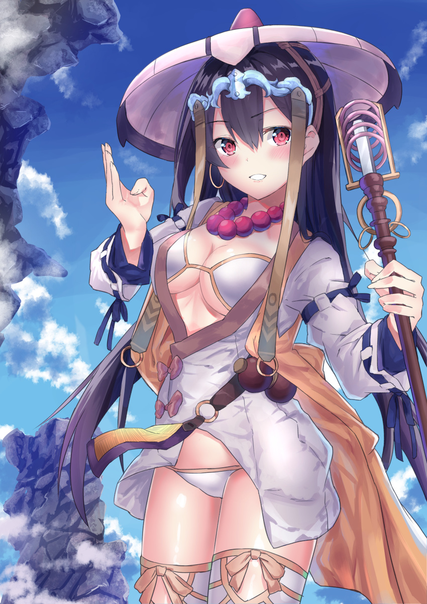 absurdres bangs bead_necklace beads belt bikini blue_sky blush breasts brown_hair cleavage cloud commentary_request day earrings fate/grand_order fate_(series) gourd hair_between_eyes headpiece highres hips hoop_earrings ichimegasa japanese_clothes jewelry kimono large_breasts long_hair looking_at_viewer muragaki_(sgxx4878) necklace prayer_beads red_eyes shakujou short_kimono sky smile solo staff swimsuit thighs vest white_bikini white_kimono white_legwear xuanzang_(fate/grand_order) yellow_vest