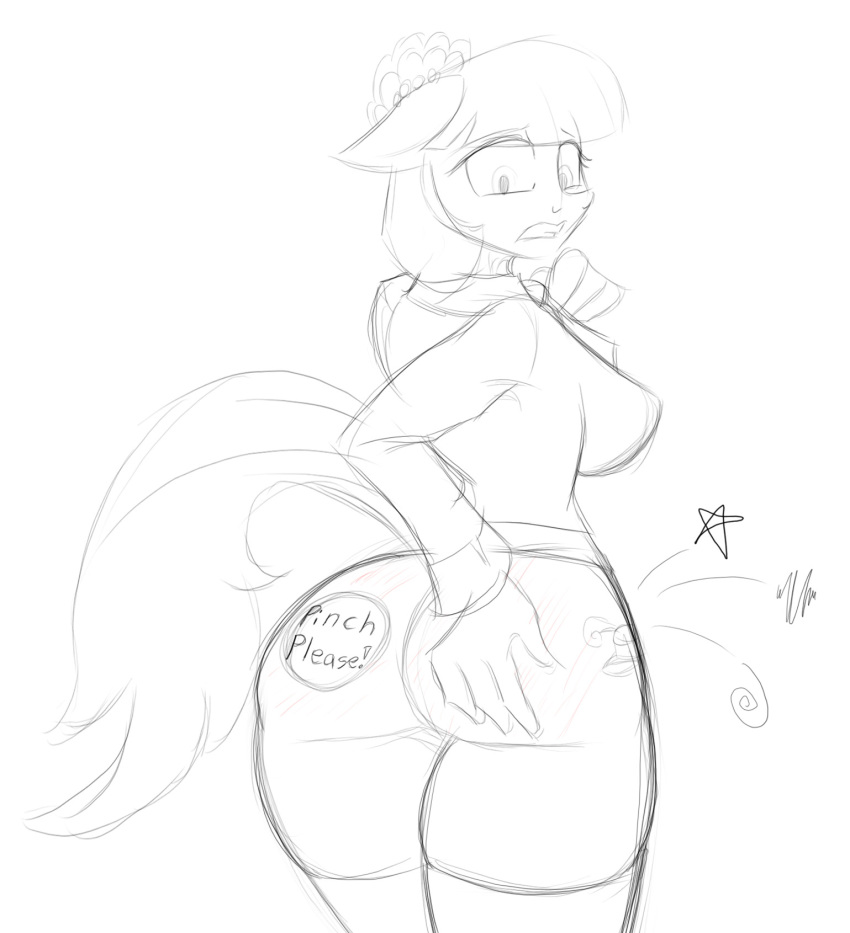 2014 anthro anthrofied black_and_white bottomless breasts butt clothed clothing coco_pommel_(mlp) cutie_mark digital_drawing_(artwork) digital_media_(artwork) earth_pony english_text equine female flower friendship_is_magic hi_res horse jrvanesbroek legwear looking_back mammal monochrome my_little_pony plant pony sketch skirt solo sore standing stockings text
