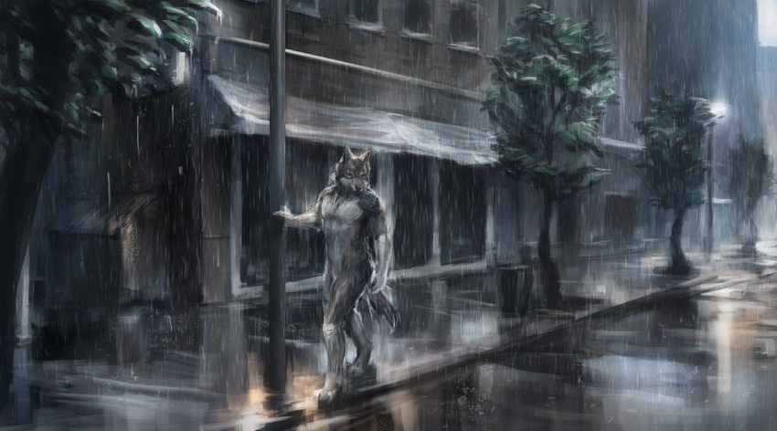 2018 anthro blue_eyes canine city digital_media_(artwork) elkaart male mammal raining rakan sad scar were werewolf wolf